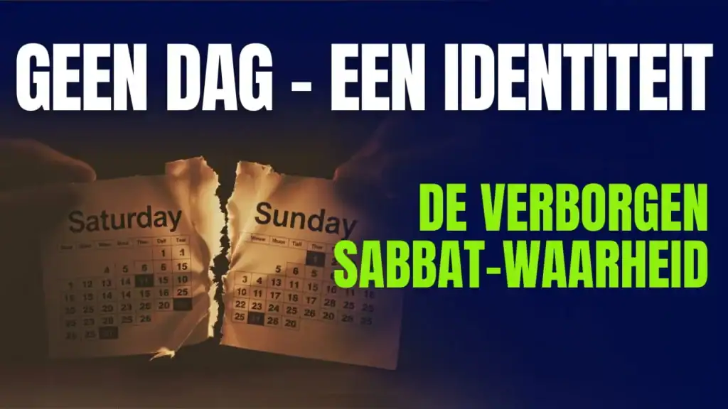 Een gescheurde kalender met zaterdag en zondag onder de tekst 'Geen dag - een identiteit: de verborgen sabbat-waarheid'.