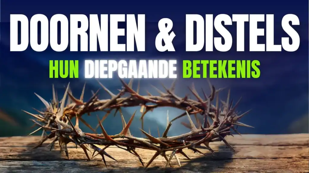 Een doornenkroon liggend op een houten ondergrond met de tekst Doornen en Distels hun diepgaande betekenis.
