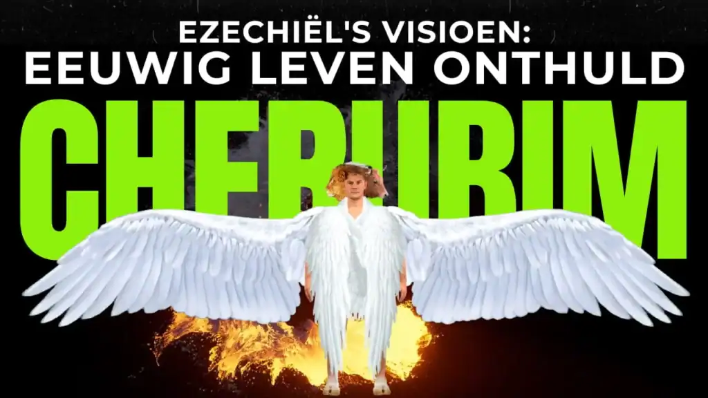 Een cherub met vier gezichten en grote witte vleugels tegen een achtergrond van vuur, gebaseerd op het visioen van Ezechiël over het eeuwige leven.