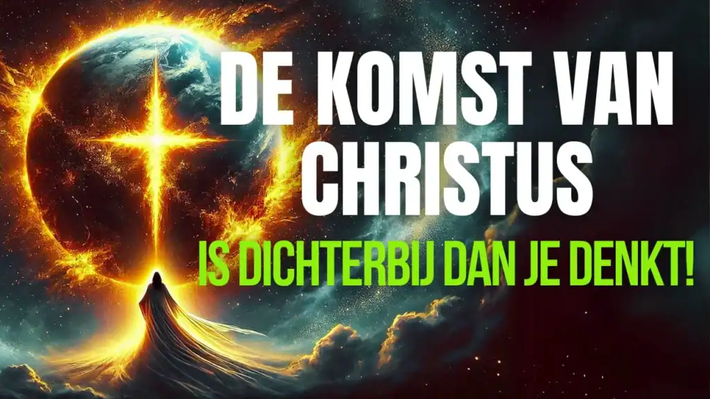 Een artistieke weergave van een lichtgevende figuur die naar een stralend kruis voor een brandende planeet kijkt, met de tekst "De komst van Christus is dichterbij dan je denkt!