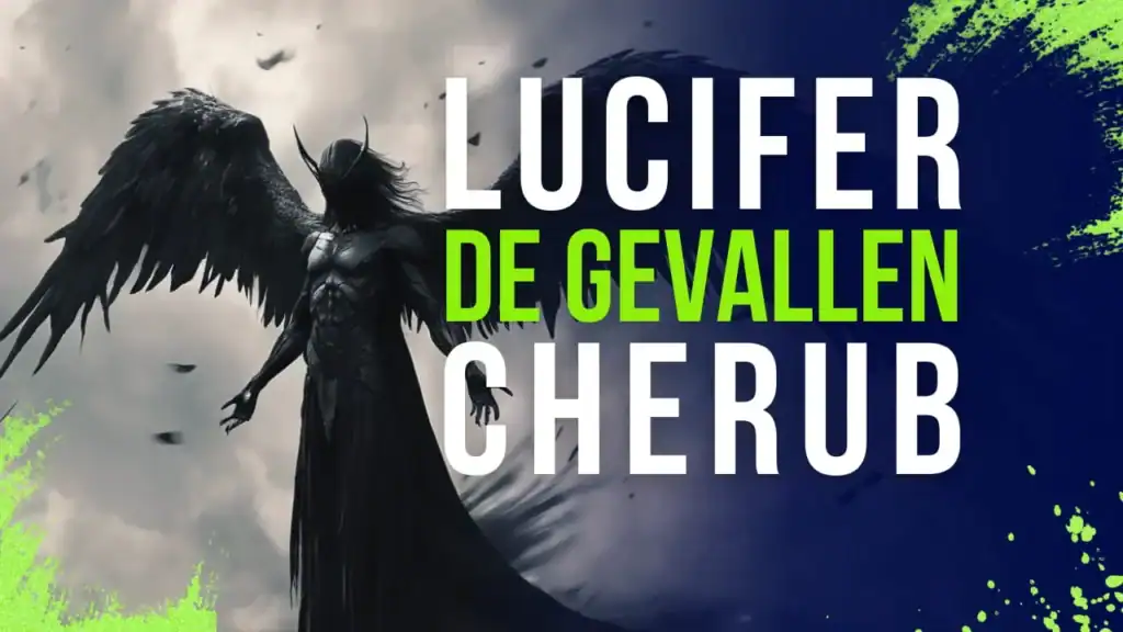 Een artistieke weergave van een duistere figuur met grote zwarte vleugels die Lucifer als gevallen cherub voorstelt tegen een bewolkte lucht.