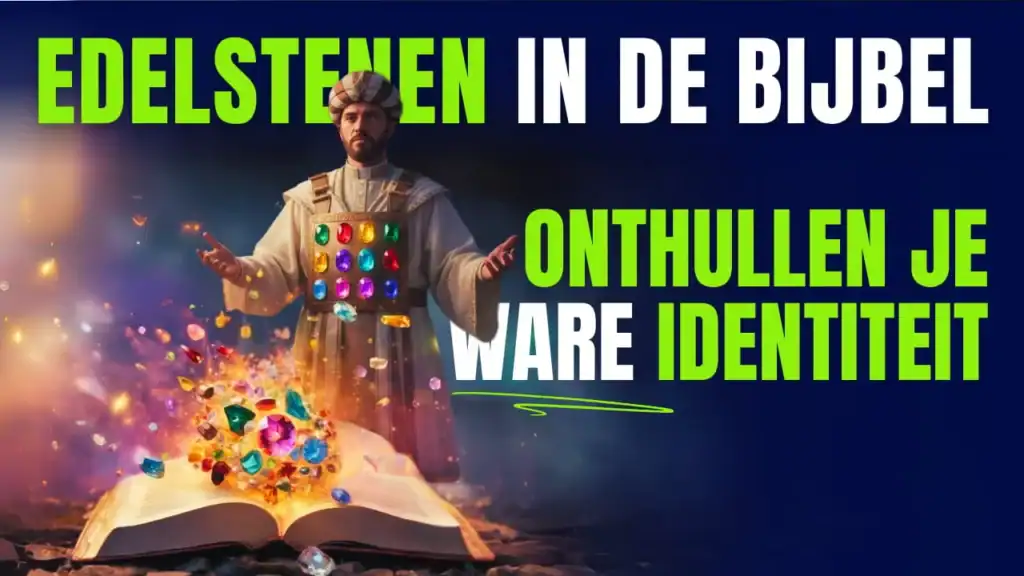 Een hogepriester met een borsttas vol kleurrijke edelstenen die boven een open Bijbel staan, met de tekst "Edelstenen in de Bijbel onthullen je ware identiteit".