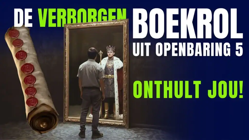Een man kijkt in een spiegel en ziet zichzelf als een koning, met daarnaast de verzegelde boekrol uit Openbaring 5.