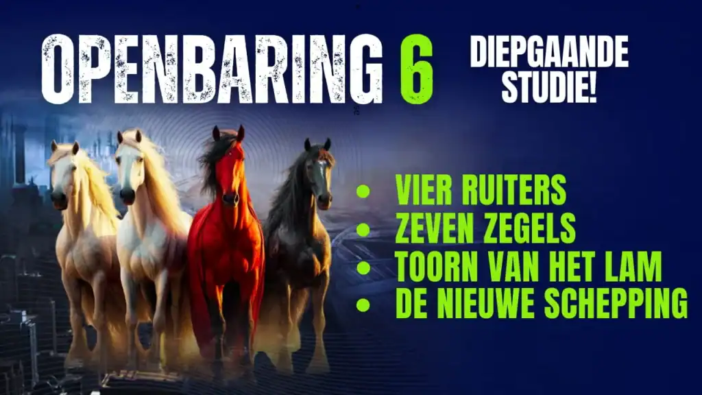 Thumbnail van de bijbelstudie Openbaring 6 met vier paarden in wit, rood en zwart, en tekst over de zeven zegels en de nieuwe schepping.
