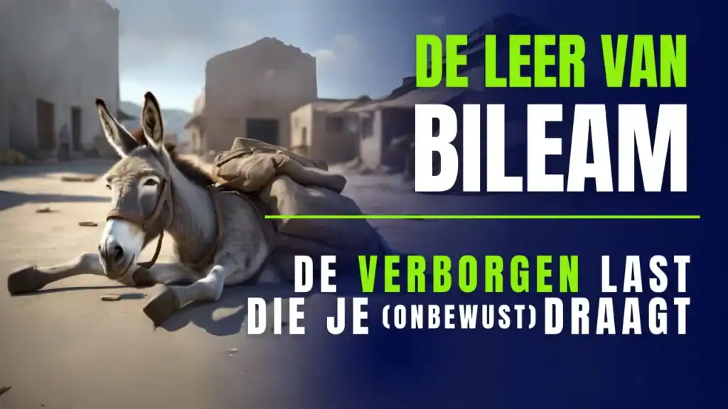 Een ezel die bezwijkt onder een zware last in een woestijnachtig dorp, wat de geestelijke last van de leer van Bileam symboliseert.