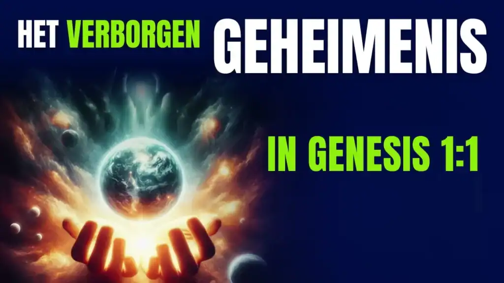Thumbnail van de bijbelstudie 'Het verborgen geheimenis in Genesis 1:1' met een afbeelding van handen die de aarde vasthouden in de kosmos.