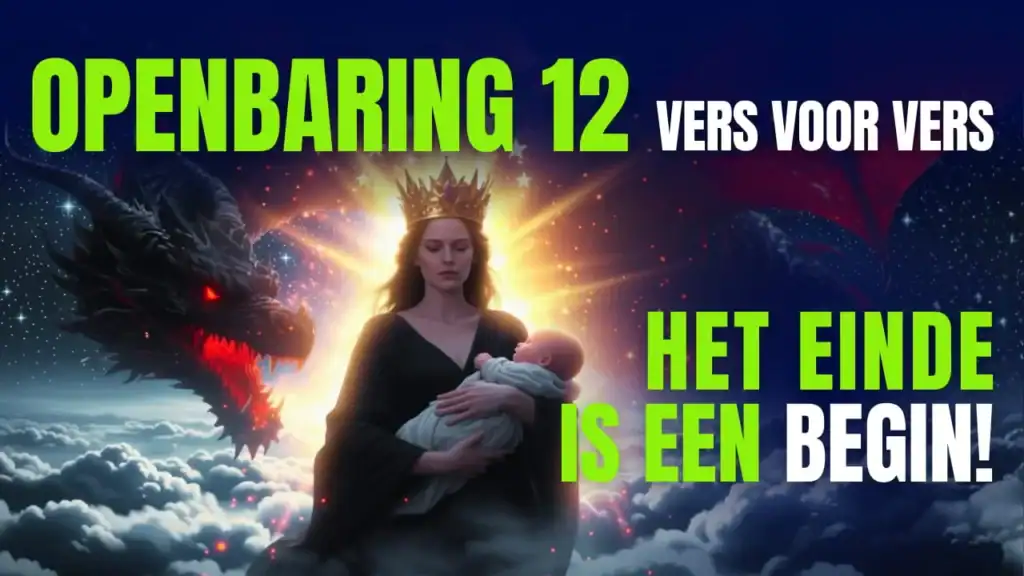 Een afbeelding van een vrouw met een kroon die een baby vasthoudt, geflankeerd door een vurige draak met de tekst 'Openbaring 12: Het einde is een begin'.