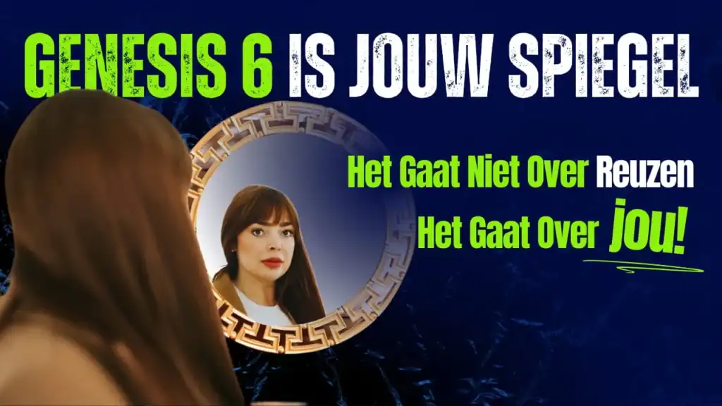 Een vrouw kijkt in een ronde, goudomrande spiegel waarin haar eigen gezicht reflecteert, met de tekst 'Genesis 6 is jouw spiegel' en 'Het gaat niet over reuzen, het gaat over jou'.