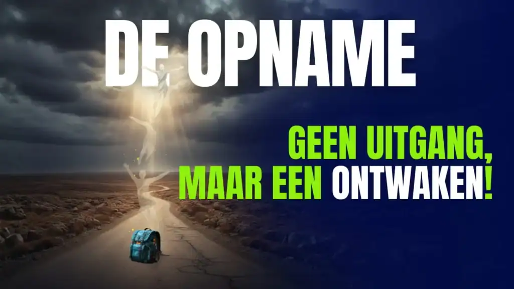 Symbolische weergave van de Opname: een achtergelaten rugzak op een weg die leidt naar stralende lichtfiguren die opstijgen in de wolken, wat de overgang van vleselijk naar geestelijk denken verbeeldt.