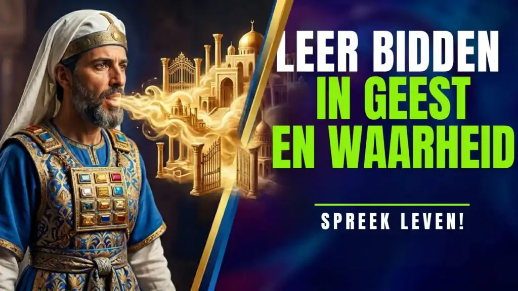 Een filmische YouTube-thumbnail. Links een Midden-Oosterse hogepriester in ceremoniële kledij die een gloeiende gouden miniatuur-tempelstad uitademt. Rechts grote tekst in het Nederlands: 'LEER BIDDEN IN GEEST EN WAARHEID; SPREEK LEVEN!'.